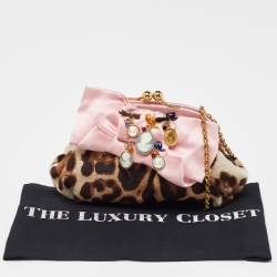 مملوكة مسبقًا Dolce & Gabbana Brown Leopard Print Pony Hair and Satin Embellished Kisslock Chain Clutch