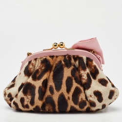 مملوكة مسبقًا Dolce & Gabbana Brown Leopard Print Pony Hair and Satin Embellished Kisslock Chain Clutch