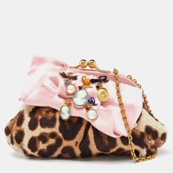 مملوكة مسبقًا Dolce & Gabbana Brown Leopard Print Pony Hair and Satin Embellished Kisslock Chain Clutch