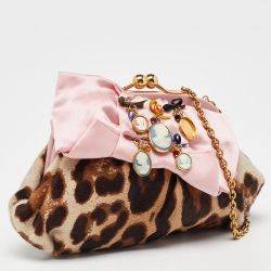 مملوكة مسبقًا Dolce & Gabbana Brown Leopard Print Pony Hair and Satin Embellished Kisslock Chain Clutch