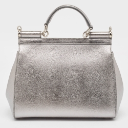 Pre Owned Dolce & Gabbana Metallic Grey Leather Medium Miss Sicily Top Handle Bag