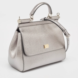 Pre Owned Dolce & Gabbana Metallic Grey Leather Medium Miss Sicily Top Handle Bag