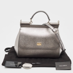 Pre Owned Dolce & Gabbana Metallic Grey Leather Medium Miss Sicily Top Handle Bag