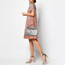 Pre Owned Dolce & Gabbana Metallic Grey Leather Medium Miss Sicily Top Handle Bag