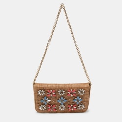 Dolce & Gabbana Beige Raffia Crystal Embellished Chain Clutch