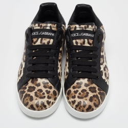 Pre Owned Dolce & Gabbana Brown/Brown Leopard Print Leather Portofino Sneakers Size 38