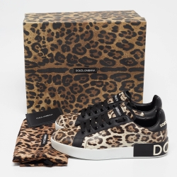 Pre Owned Dolce & Gabbana Brown/Brown Leopard Print Leather Portofino Sneakers Size 38