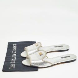 Pre Owned Dolce & Gabbana Silver Embossed Lizard Flat Slides Size 39