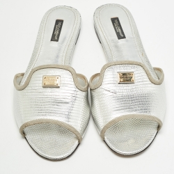 Pre Owned Dolce & Gabbana Silver Embossed Lizard Flat Slides Size 39