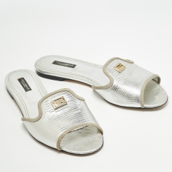Pre Owned Dolce & Gabbana Silver Embossed Lizard Flat Slides Size 39