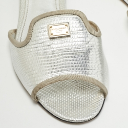 Pre Owned Dolce & Gabbana Silver Embossed Lizard Flat Slides Size 39