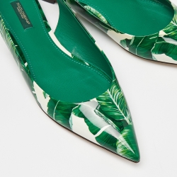 Pre Owned Dolce & Gabbana Green/White Banana Leaf-Print Patent Leather Slingback Flats Size 40.5