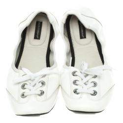 Pre Owned Dolce and Gabbana White Leather Lace Up Scrunch Ballet Flats Size 37.5