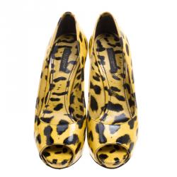 Pre Owned حذاء كعب عالي دولتشي أند غابانا نعل سميك مقدمة مفتوحة جلد لامع طباعة فهد أصفر مقاس 39