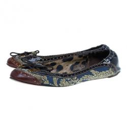 Pre Owned Dolce and Gabbana Fabric and Leather Lace Up Ballet Flats Size 37.5