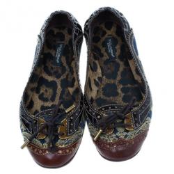 Pre Owned Dolce and Gabbana Fabric and Leather Lace Up Ballet Flats Size 37.5