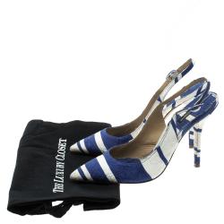 مملوكة مسبقًا Dolce and Gabbana Blue and White Printed Fabric Pointed Toe Slingback Sandals Size 41