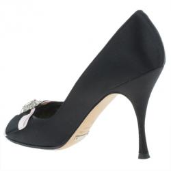 Pre Owned Dolce and Gabbana Black Satin Embellished Peep Toe Pumps Size 38