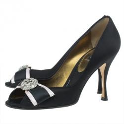 Pre Owned Dolce and Gabbana Black Satin Embellished Peep Toe Pumps Size 38