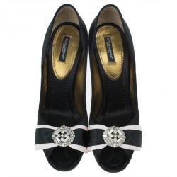Pre Owned Dolce and Gabbana Black Satin Embellished Peep Toe Pumps Size 38