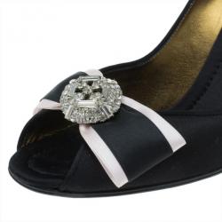 Pre Owned Dolce and Gabbana Black Satin Embellished Peep Toe Pumps Size 38