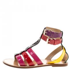 Pre Owned Dolce and Gabbana Multicolor Patent Leather Gladiator Flat Sandals Size 39