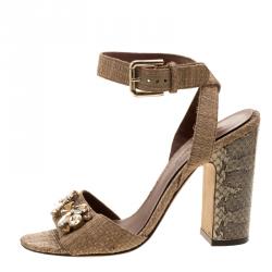 Pre Owned صندل دولتشي أند غابانا رافية بيج/بني فاتح وجلد ثعبان مرصع مقاس 38.5