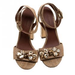 Pre Owned صندل دولتشي أند غابانا رافية بيج/بني فاتح وجلد ثعبان مرصع مقاس 38.5