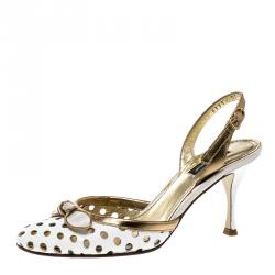 Pre Owned Dolce and Gabbana Gold/White Perforated Leather Slingback Sandals Size 37