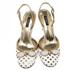 Pre Owned Dolce and Gabbana Gold/White Perforated Leather Slingback Sandals Size 37