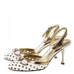 Pre Owned Dolce and Gabbana Gold/White Perforated Leather Slingback Sandals Size 37