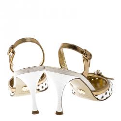 Pre Owned Dolce and Gabbana Gold/White Perforated Leather Slingback Sandals Size 37