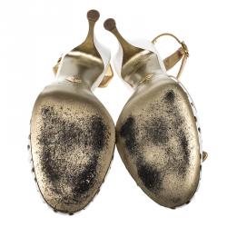 Pre Owned Dolce and Gabbana Gold/White Perforated Leather Slingback Sandals Size 37