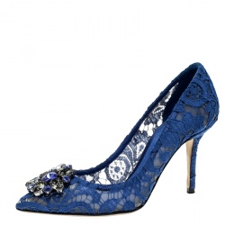 Dolce and Gabbana Blue Lace Bellucci Crystal Embellished Pointed Toe Pumps Size 37.5