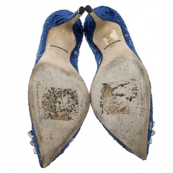 مملوكة مسبقًا Dolce and Gabbana Blue Lace Bellucci Crystal Embellished Pointed Toe Pumps Size 37.5