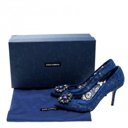مملوكة مسبقًا Dolce and Gabbana Blue Lace Bellucci Crystal Embellished Pointed Toe Pumps Size 37.5