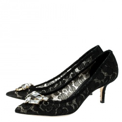 Pre Owned Dolce & Gabbana Black Lace Crystal Embellished Pointed Toe Pumps Size 36