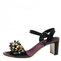 Pre Owned صندل دولتشي أند غابانا جلد سحالي أسود ورد مزخرف بحزام للكاحل مقاس 38