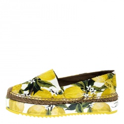 Pre Owned Dolce and Gabbana Yellow Lemon Print Brocade Fabric Platform Espadrille Flats Size 39