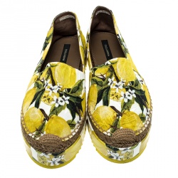 Pre Owned Dolce and Gabbana Yellow Lemon Print Brocade Fabric Platform Espadrille Flats Size 39