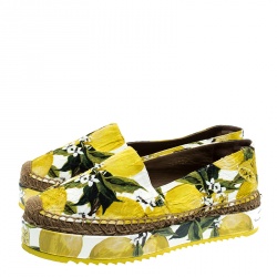 Pre Owned Dolce and Gabbana Yellow Lemon Print Brocade Fabric Platform Espadrille Flats Size 39