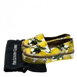 Pre Owned Dolce and Gabbana Yellow Lemon Print Brocade Fabric Platform Espadrille Flats Size 39