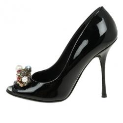 مملوكة مسبقًا Dolce and Gabbana Black Patent Crystal Embellished Peep Toe Pumps Size 37