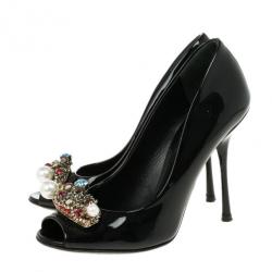 مملوكة مسبقًا Dolce and Gabbana Black Patent Crystal Embellished Peep Toe Pumps Size 37