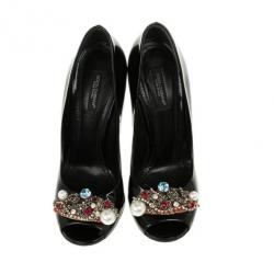 مملوكة مسبقًا Dolce and Gabbana Black Patent Crystal Embellished Peep Toe Pumps Size 37