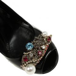 مملوكة مسبقًا Dolce and Gabbana Black Patent Crystal Embellished Peep Toe Pumps Size 37
