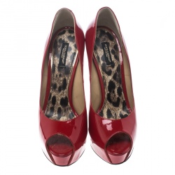 Pre Owned حذاء كعب عالي دولتشي أند غابانا جلد أحمر لامع مقدمة مفتوحة نعل سميك مقاس 40