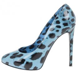 Pre Owned Dolce and Gabbana Blue Leopard Print Patent Pumps Size 38
