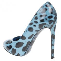 Pre Owned Dolce and Gabbana Blue Leopard Print Patent Pumps Size 38