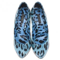 Pre Owned Dolce and Gabbana Blue Leopard Print Patent Pumps Size 38